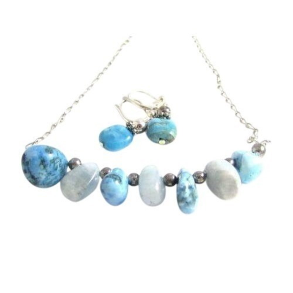 Blue‎ Gemstone Necklace and Earring Set Silver Tone Chain